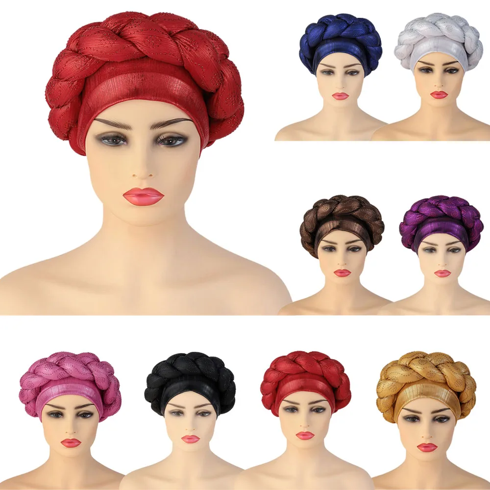 

Latest African Auto Geles Aso Oke Headtie Already Made Headties Rhinestone Turban Cap Women Ready Female Head Wrap Muslim Hijab
