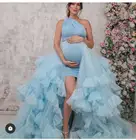 Уютный Небесно-Голубой женский халат для беременных со съемным шлейфом и оборками, Тюлевое платье для выпускного вечера свободного размера, 2021
