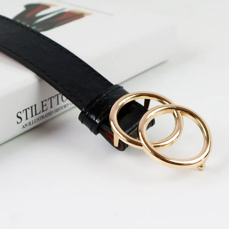 

round belt woman gold buckle black leather belts for women jeans fashion ladies waist ceinture femme waistband