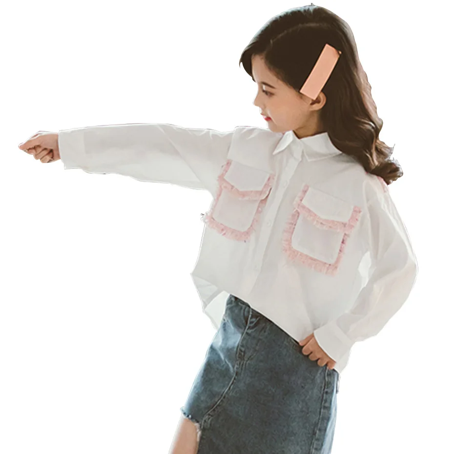 Белая блузка для девочек Лоскутная Блузка с бахромой и карманами Детские рубашки