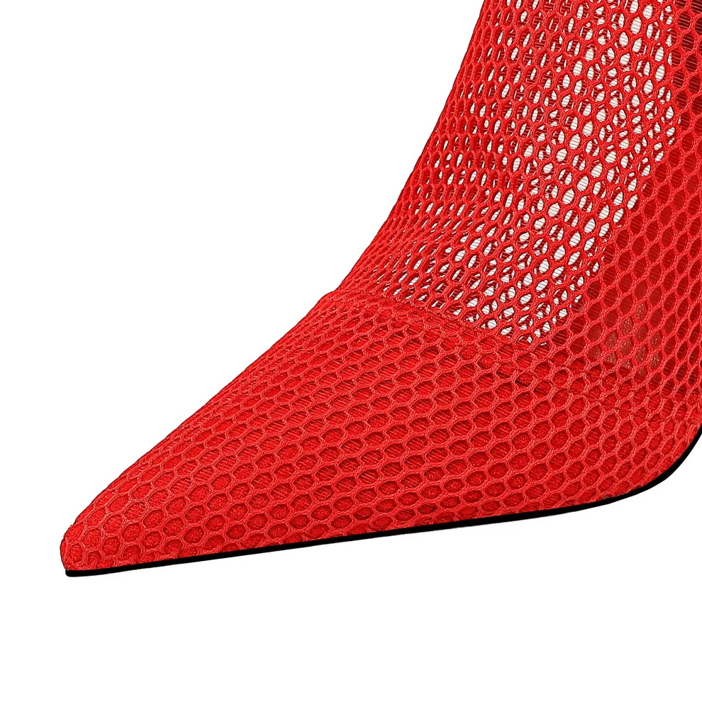 

2020 Women Fetish Stripper Sandals Short Ankle Boots 10.5cm High Heels Zip Prom Red Gladiator Embroider Summer Mesh Red Shoes