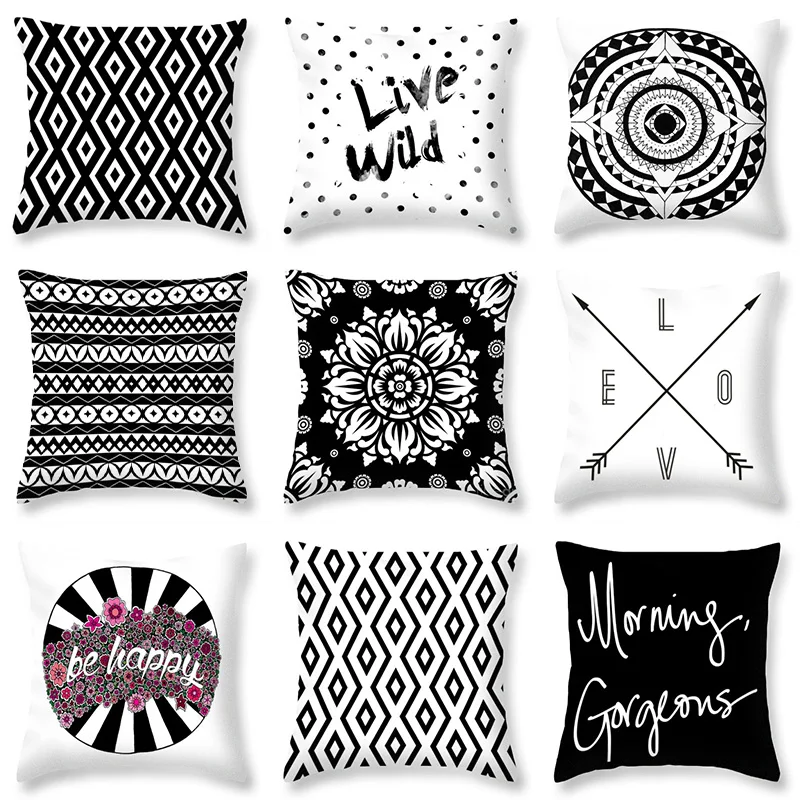 

Black and White Themes Throw Pillow Case Geometry Flora Plants Cushion Covers for Home Sofa Chair Decorative Pillowcases