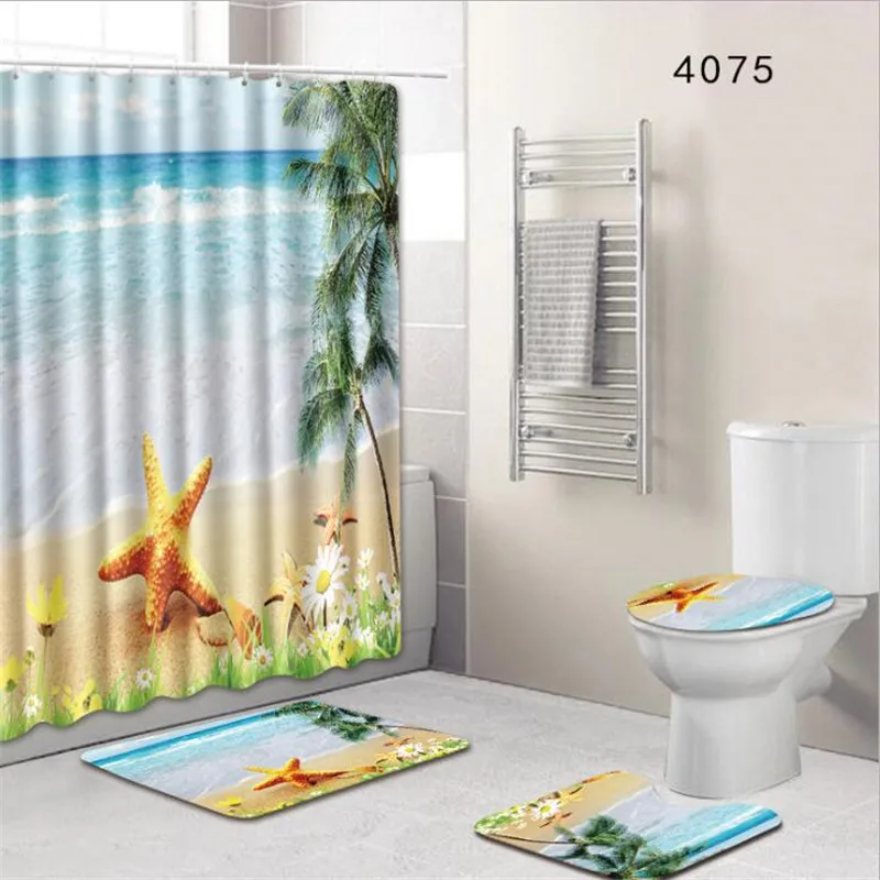 

4Pcs Bath Mat Set Anti Slip Carpet Waterproof Shower Curtain 3D Polyester Bathroom Curtains