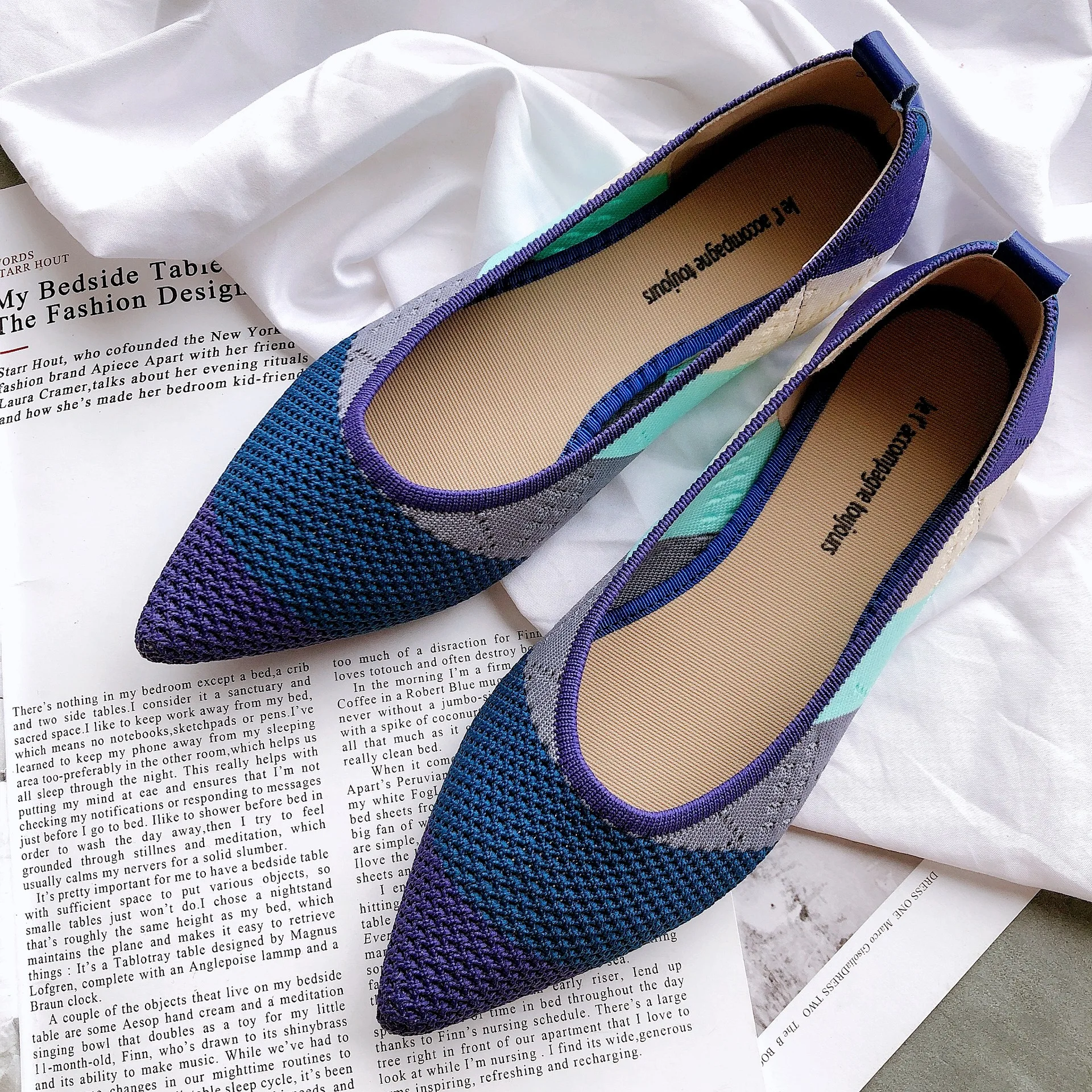 Балетки женские с заостренным носом мягкие дышащие вязаные туфли плоская