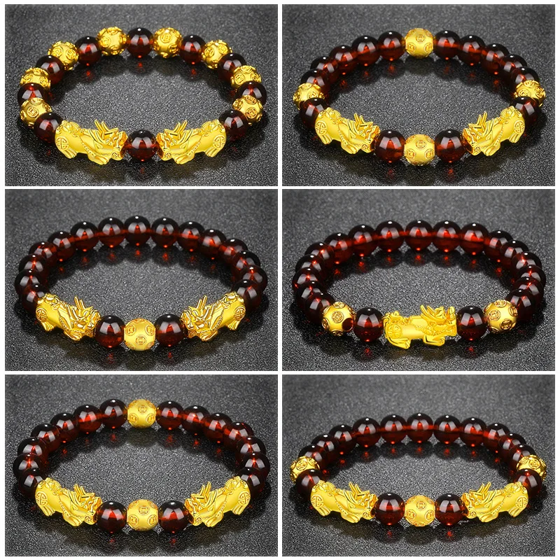 

PIXIU Bracelet Imitation Gold 3DHard Gold Garnet Bracelet 8mm Beads Female Crystal Vietnamese Sand Money Transfer Beads Bracelet