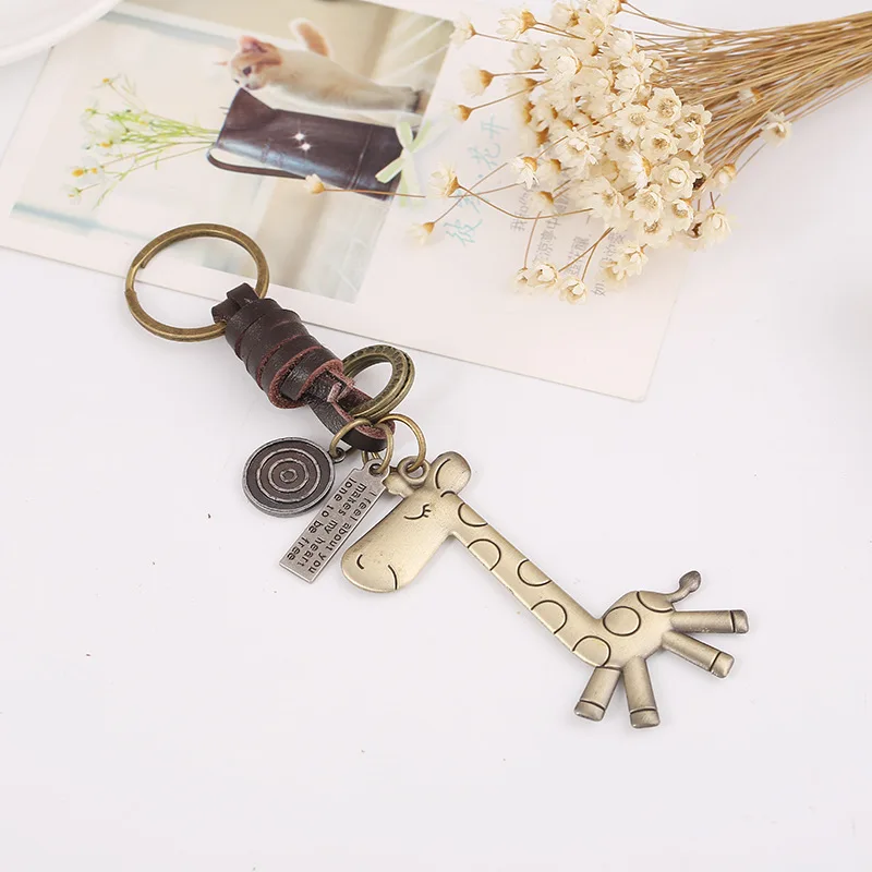 

WANGAIYAO new vintage leather keychain bronze cute giraffe leather keychain creative small gifts