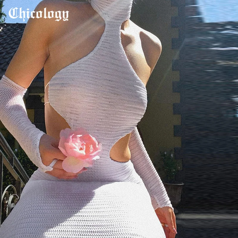

Chicology 2022 Women White See Through Backless Fashion Elegant Hollow Out Sexy Bodycon Midi Slit Party Club Dress