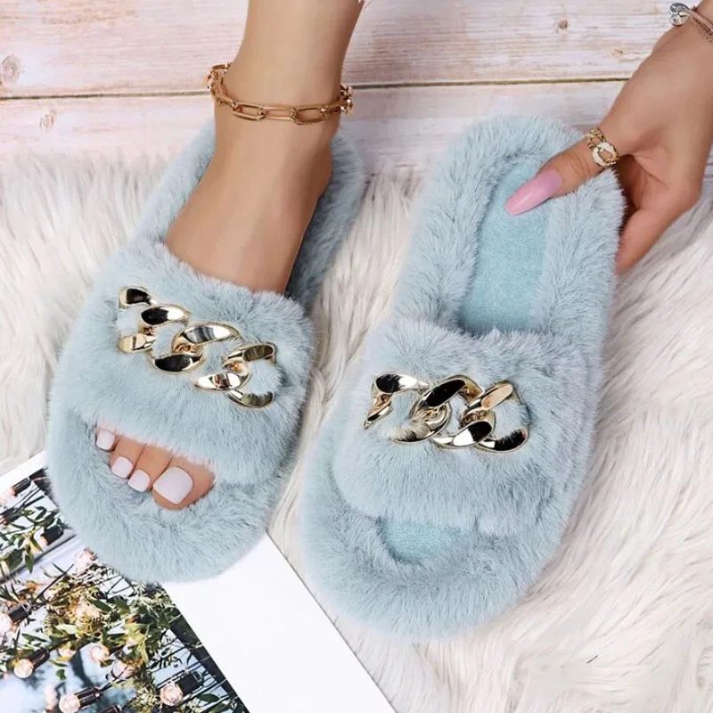 

2021 Faux Sandals Furry Fur Slippers Fluffy Flip Flops Diamond Ladies Chain Real Slides For Women Ladies House Beach Flat Shoes