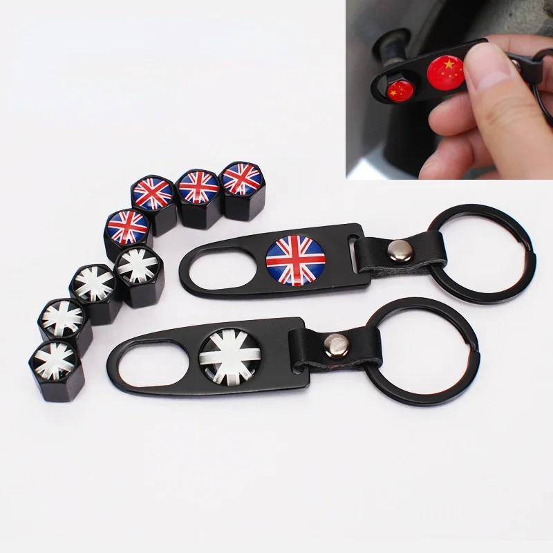 

4 Pcs New Alloy British Flag Car Key Ring Keychain Car Wheel Valve Cap Tire Valve Cap Mini Wrench Key Chain Dust Stems Air Cover