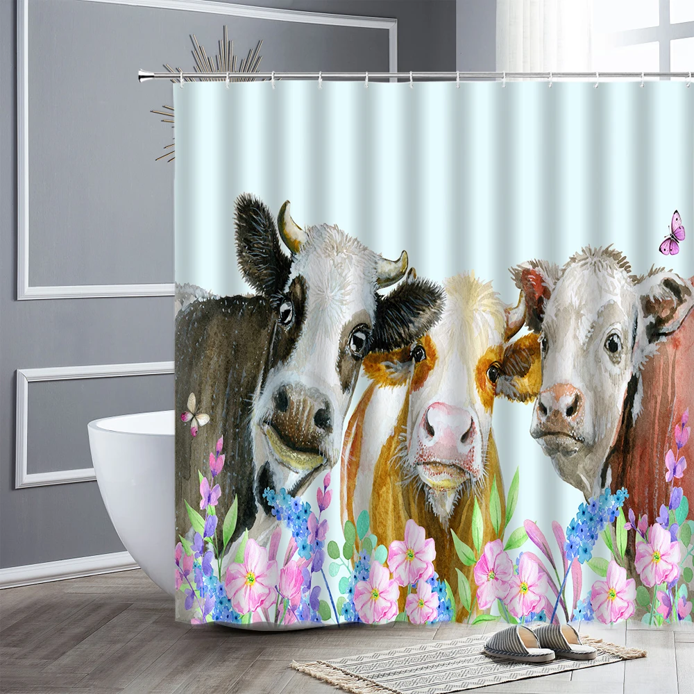 

Waterproof Fabric Shower Curtain Sets Flower Butterfly Water Color Cow Funny Farm Animal Polyester Bathroom Curtains Hooks Decor