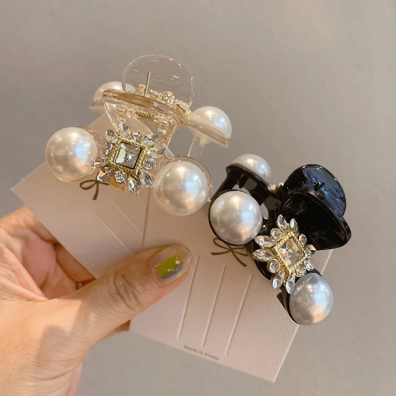 

New medium size clip female elegant temperament rhinestone pearl heavy industry expensive top clip hairpin headdress