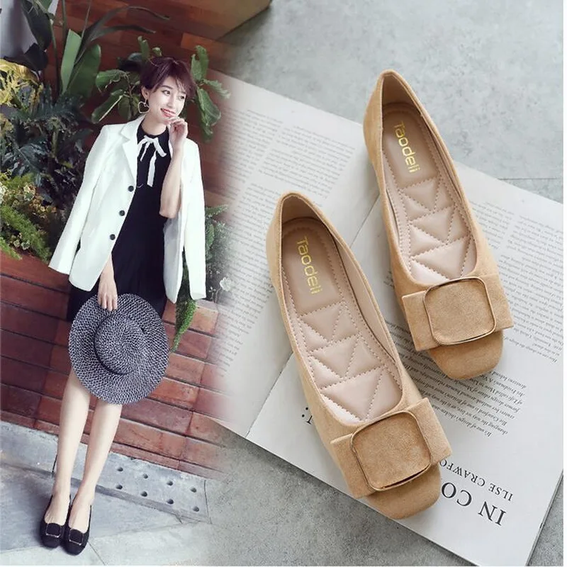 Womens Flat Shoes 2021 Spring Soft Square Toe Ballet Flats Square Buckle Comfort Slip on Flat Shoes Woman 31-45