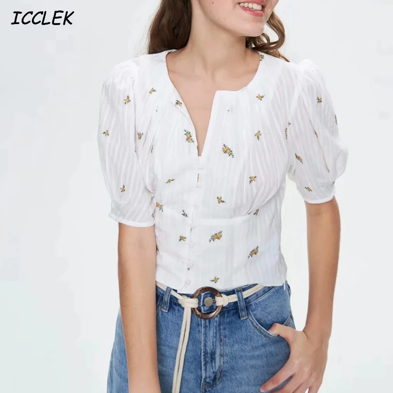 

Za Women's Crop Tops and Blouses Embroidery Shirts Mujer Blusas Floral Short Sleeves Sweet Puff Sleeves White Cute Vintage trf