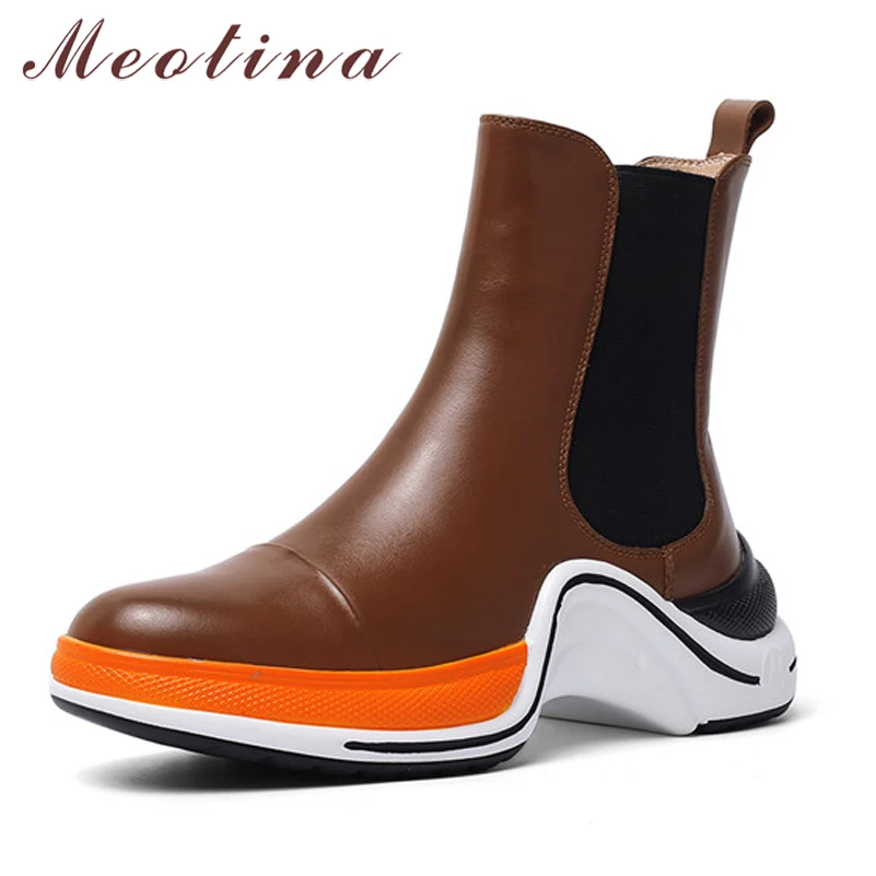 

Meotina/ботильоны из натуральной кожи на плоской платформе; Женские ботинки «Челси»; Женские полусапожки с круглым носком; Сезон осень-зима; Цв...