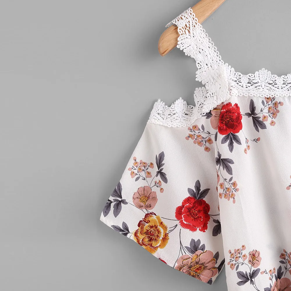 Модная летняя блузка Feitong с цветочным принтом Женская кружевная на бретельках