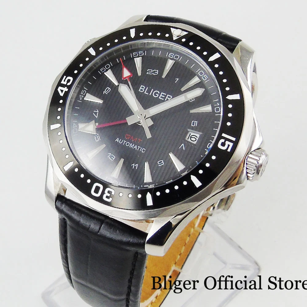 6 Models BLIGER 41mm Black Dial Date Window GMT Function Sapphire Glass Self Winding Men Wristwatch Leather Strap Ceramic Bezel | Наручные