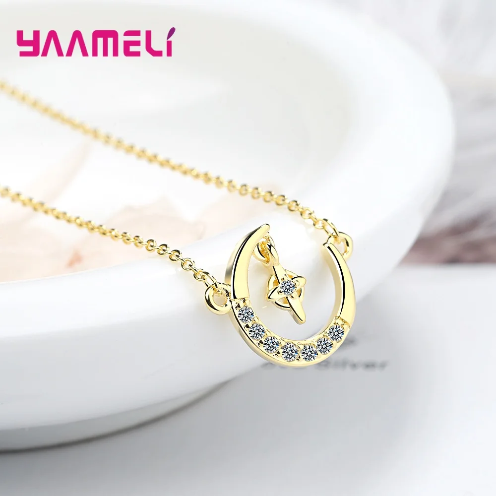 925 Sterling Silver Korean Simple Moon Star Pendant Necklace Charm Women Choker Jewelry Trendy Elegant Wedding Accessories | Украшения и