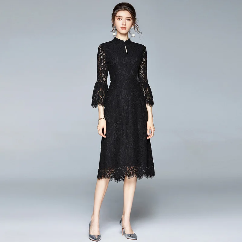 

Jacques Wolf 2020 new stand-up collar holloway sleeve black lace dress