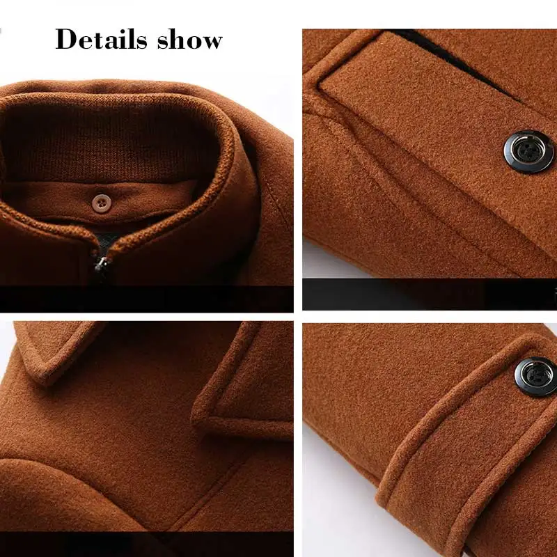 

Winter Woolen Trench Coat Men Casual Windbreaker Jacket Long Slim Cotton Washed Zipper + Breasted Thicken Punk Fashion 4XL New