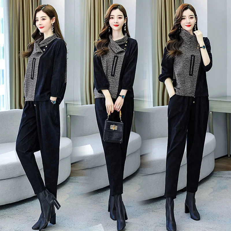 

Plus Size Women's Suit Pants 2Pcs Set 2021 Female Spring Summer Suit Lady T-Shirt Tops+Plus Size Pants Two-Piece Suit W76