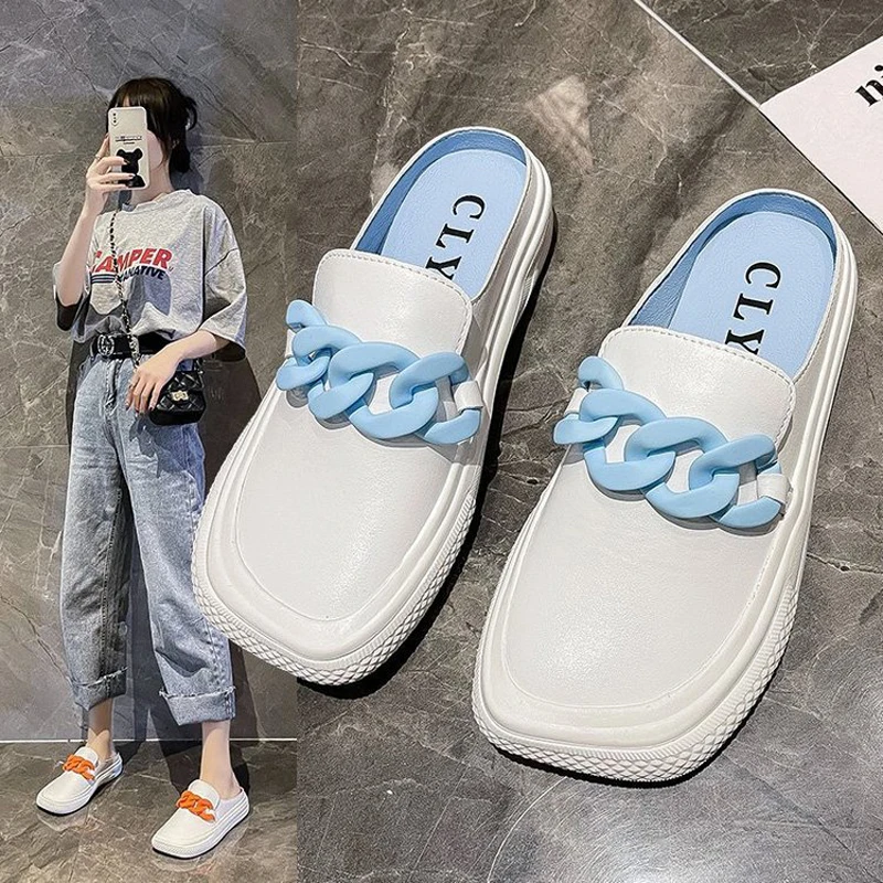 

Summer PU Leather Mules Slippers Women Square Toe Rubber Chain Flat Shoes Woman Comfortable Soft Sole Casual Slides 2021
