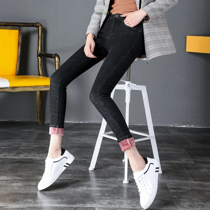 Newest Winter Fleece Slim Fit Jeans Women Ladies Wild Solid Color Stretch High Waist Casual Keep Warm Denim Pants Trousers
