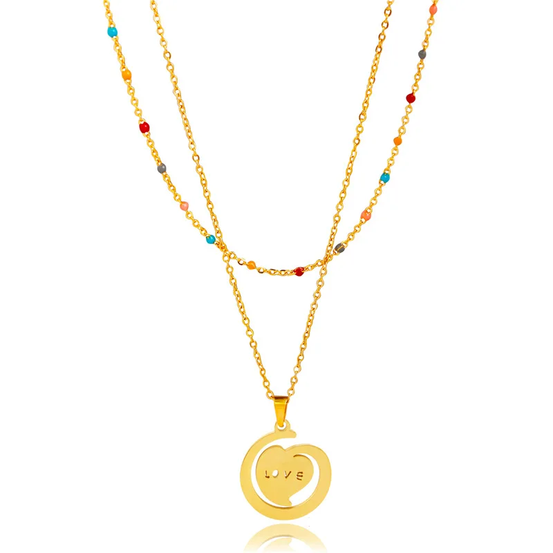 

304 Stainless Steel Double Chain Necklace 18K Gold Plated Color Simple Heart Folower Love Pendants Wholesale Accessories Gifts