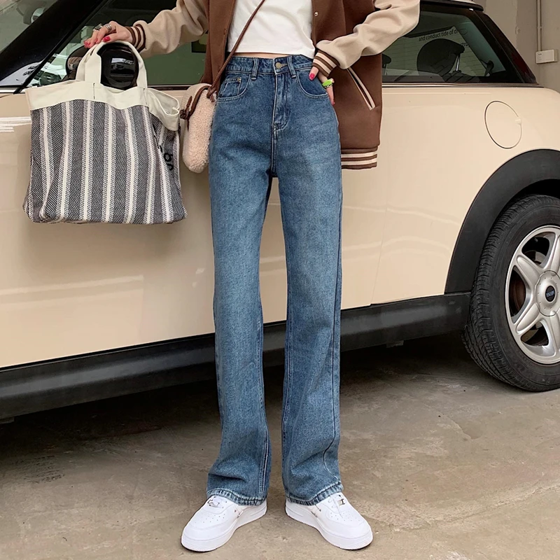 

Джинсы повседневные с высокой талией свободные женские уличные винтажные длинные прямые джинсы джинсовые брюки женские брюки