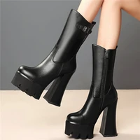 chunky platform pumps shoes women genuine leather high heel ankle boots female high top round toe motorcycle boots casual shoes