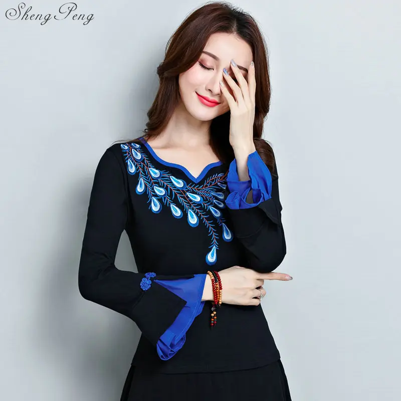 Одежда в китайском стиле женская черная вышивка фольклор винтажная рубашка