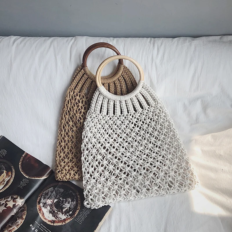 

Fashion Bohemia Hand-woven wristband Bag Fashion Women's Portable Handbag Cotton Thread color Hollow Tote