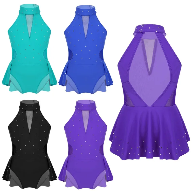 Kids Teens Rhinestone Cutout Back Mesh Splice Figure Skating Dress Gymnastics Ballet Leotard Girls Stage Lyrical Dance Costumes | Детская