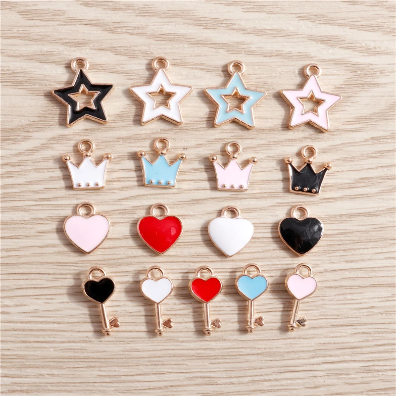 

10pcs 4 Styles Mix Enamel Love Heart Crown Key Star Charms for Jewelry Making Cute Drop Earrings Pendants Necklaces Accessories