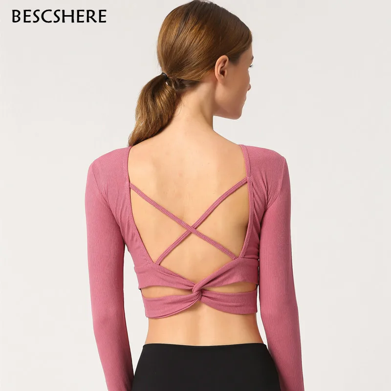 Женская рубашка с длинным рукавом BESCSHERE ребристая ткань для фитнеса и танцев