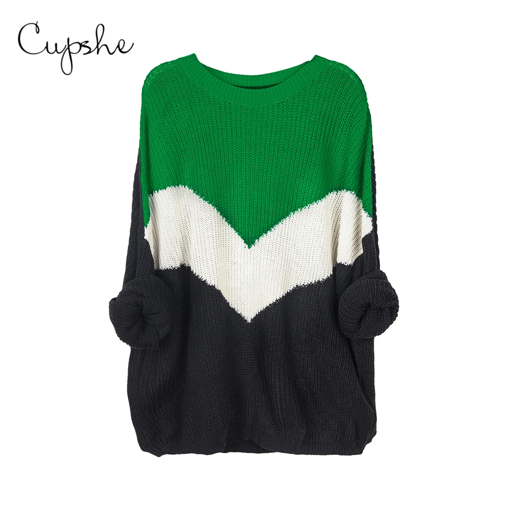 CUPSHE Navy White and Green Colorblocked Sweaters Women Casual Loose Long Sleeve Knitted Top 2019 Autumn Winter Female Pullover | Женская