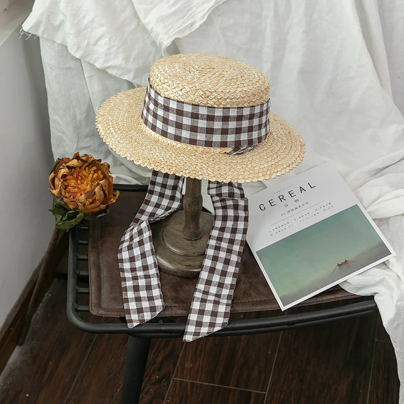 

Summer Women's Big Brim Straw Ribbon Flat Top Sunshade Straw Hats Ladies Travel Vacation UV Protection Beach Sun Caps