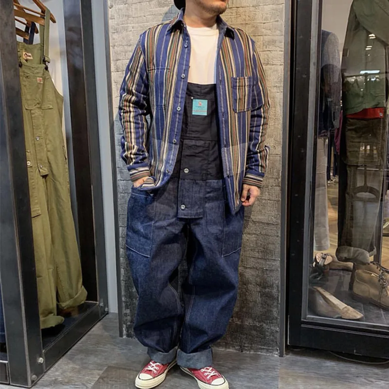 

Men Loose Casual Wide Leg Denim Splice Bib Pants Male Japan High Street Hip Hop Jumpsuit Trousers Overalls Cargo Pant