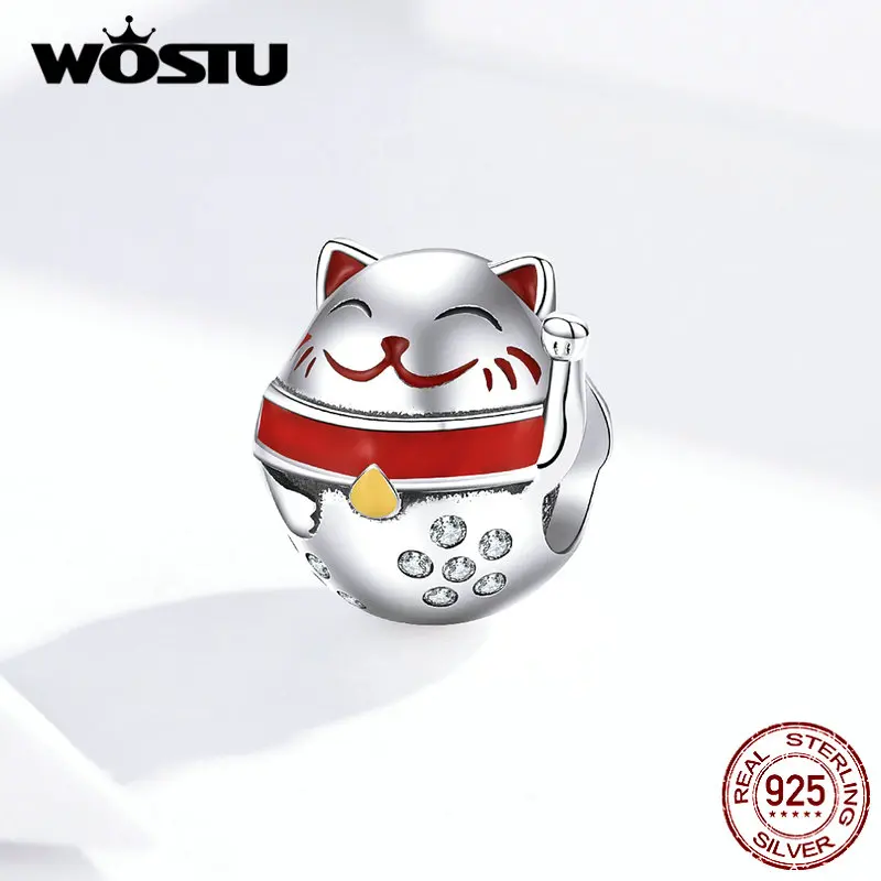 WOSTU 925 стерлингового серебра Maneki Neko бусины Циркон прекрасный кот амулеты подходят
