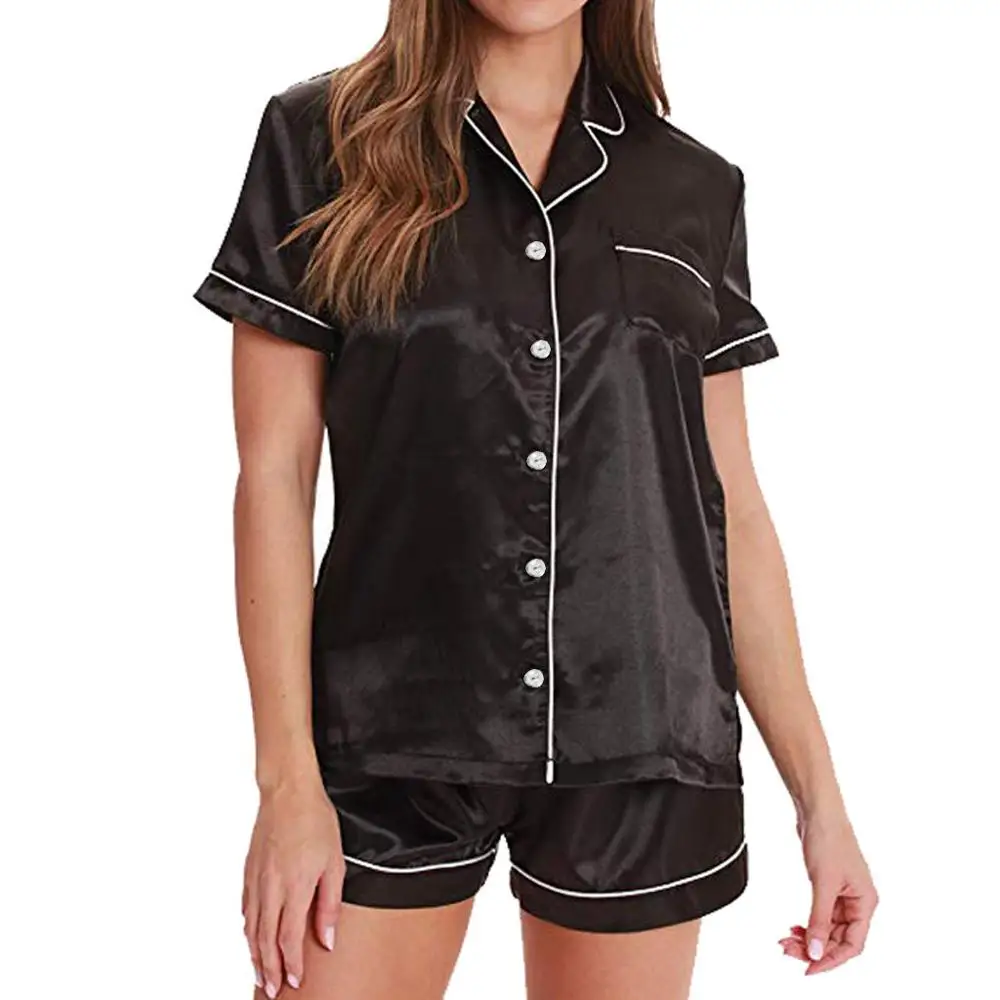 Женские пижамные костюмы женская летняя однотонная атласная пижама на пуговицах