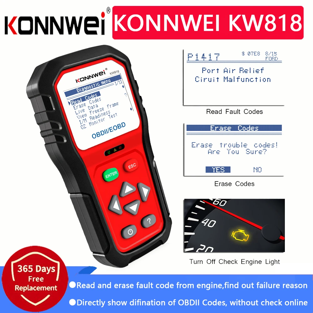 

KONNWEI KW818 Расширенный 12 В OBD2 считыватель кодов EOBD автомобильный сканер работает на всех 1996 и более поздних автомобилях OBDII проверка двигателя