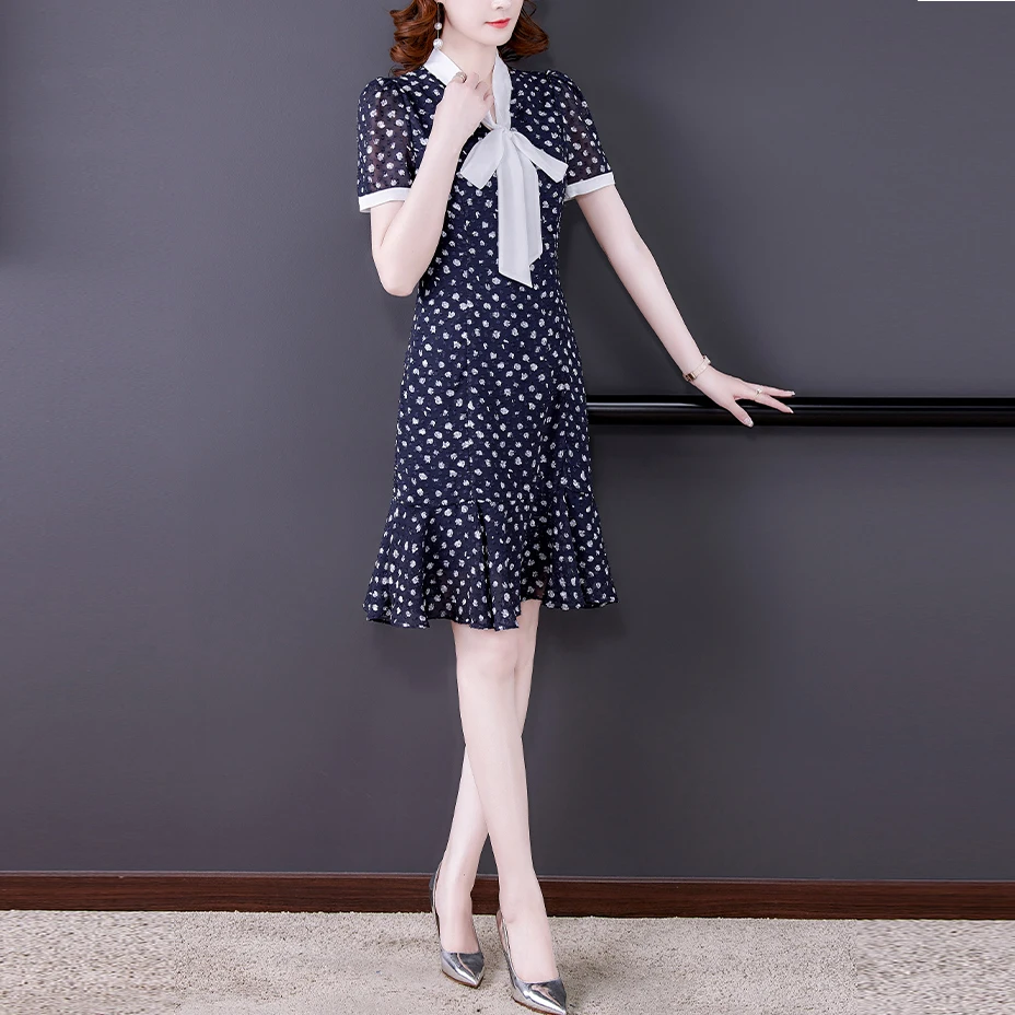 

Polka-Dot Lace-Up Temperament Dress Summer Dress 2021 New Women's Thin Waisted Fishtail A-Line Skirt Chiffon Bohemian Bow Robe