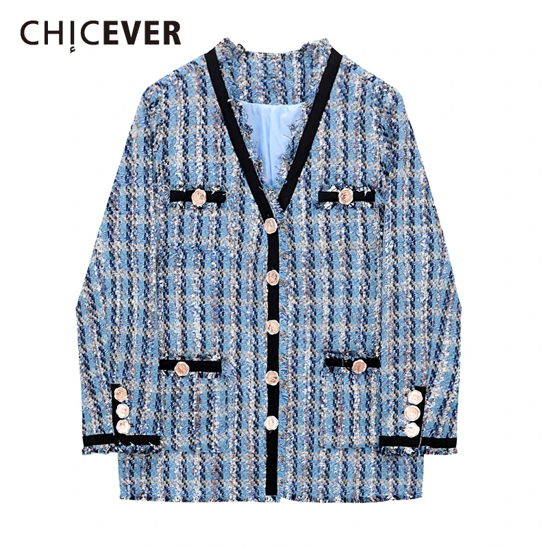 

CHICEVER клетчатое цветное пальто для женщин с v-образным вырезом и длинным рукавом, однобортные куртки с цветными блоками, Женская корейская мо...