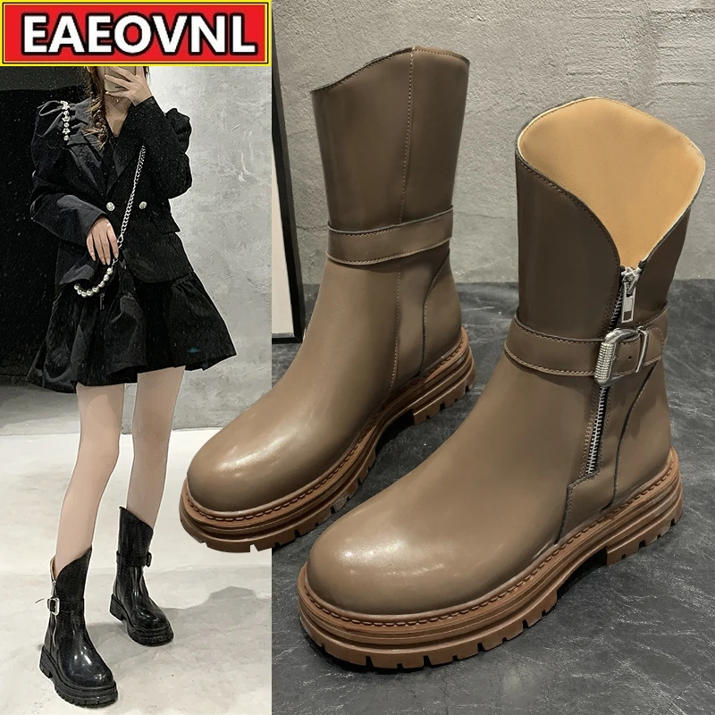 

Leather Side Zipper Midrange Boots Women's 2021 New Fall Belt Buckle Thick-soled Non-slip Midheel Fashion Boots Martin