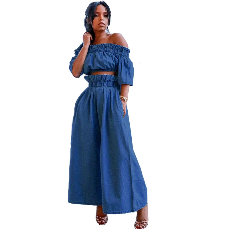 

Off Shoulder Denim Tracksuit Women Two Piece Set Summer Clothes Short Sleeve Crop Top + Wide Leg Pants Suit Casual Loose Outfits