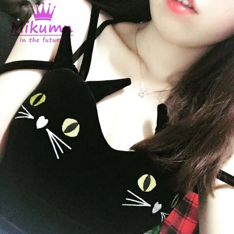 Харадзюку готический панк Кот вышитый бархат Camisole короткий топ сексуальный открытая спина тонкий без рукавов майка Топы