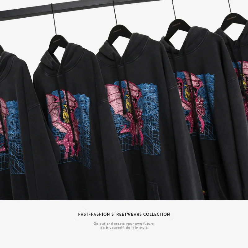 Хип Хоп Уличная мужская толстовка с принтом дракона Ретро Харадзюку С Капюшоном