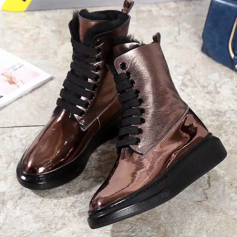 

New Couple Waterproof Winter Glitter Snow Boots Flat Platform Leather Fur Shoes Women Men Outdoor Ankle Booties Heel Size 34-44