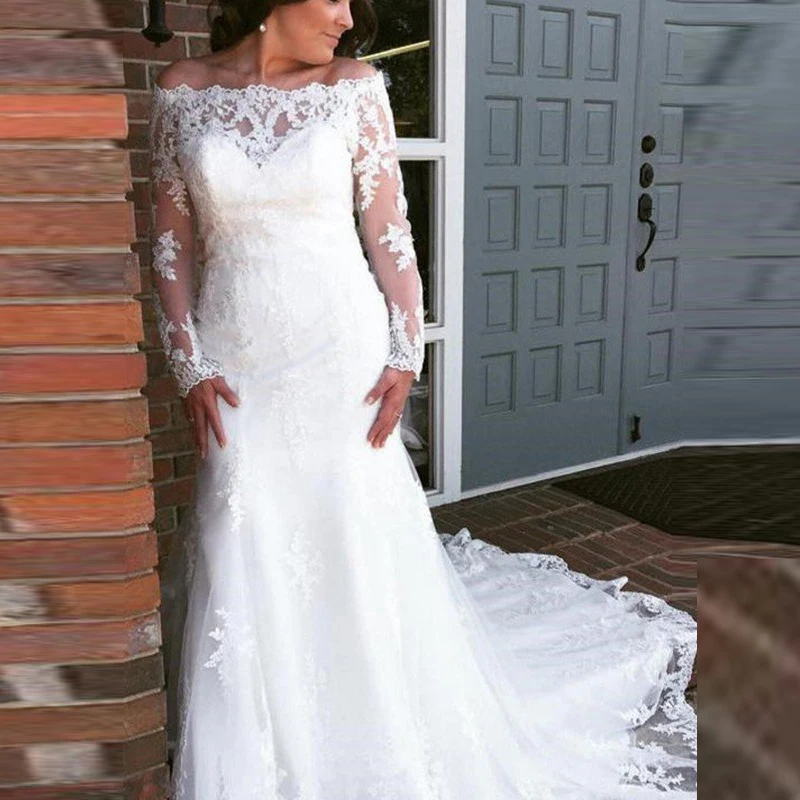 

Charming Hot Sale White Lace Long Sleeve Bridal Wedding Dresses Off Shoulder Bateau Neck Wedding Gowns for Bride Illusion Back