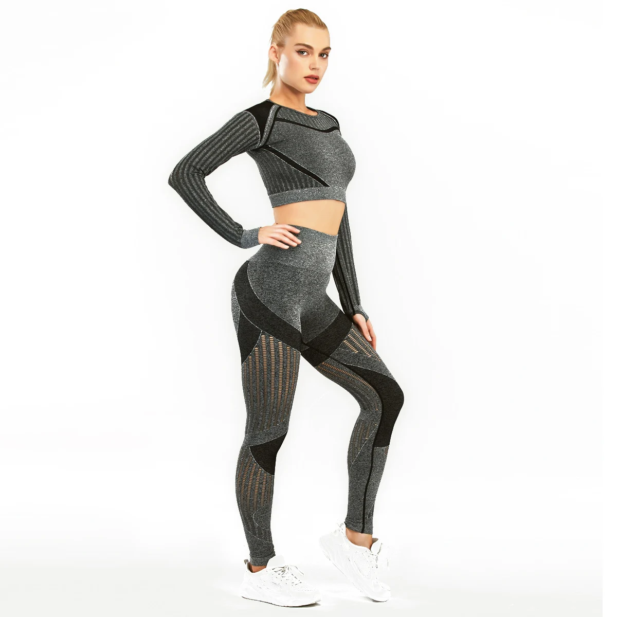 

Women Gym Sports Sets Seamless Hollow Out Clothes Push Up Fitness Suit Sports Crop Tops + High Waist Leggings 2Pieces Women Sets