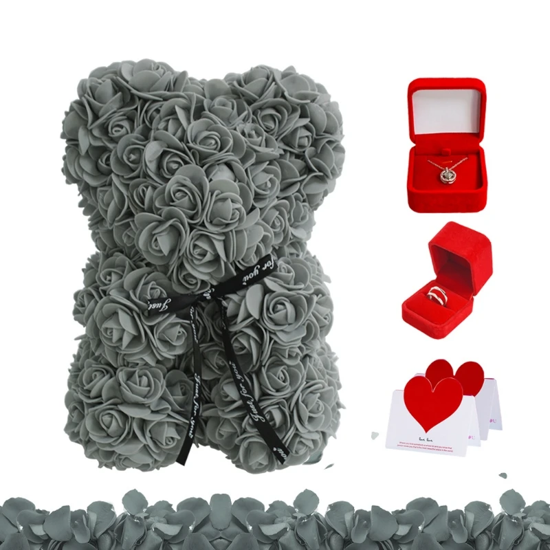 

Romantic Rose Bear Necklace Rings Gift Box Set Trendy Jewelry Case Holder Valentine's Day Gift Wedding Decor 6 Colors